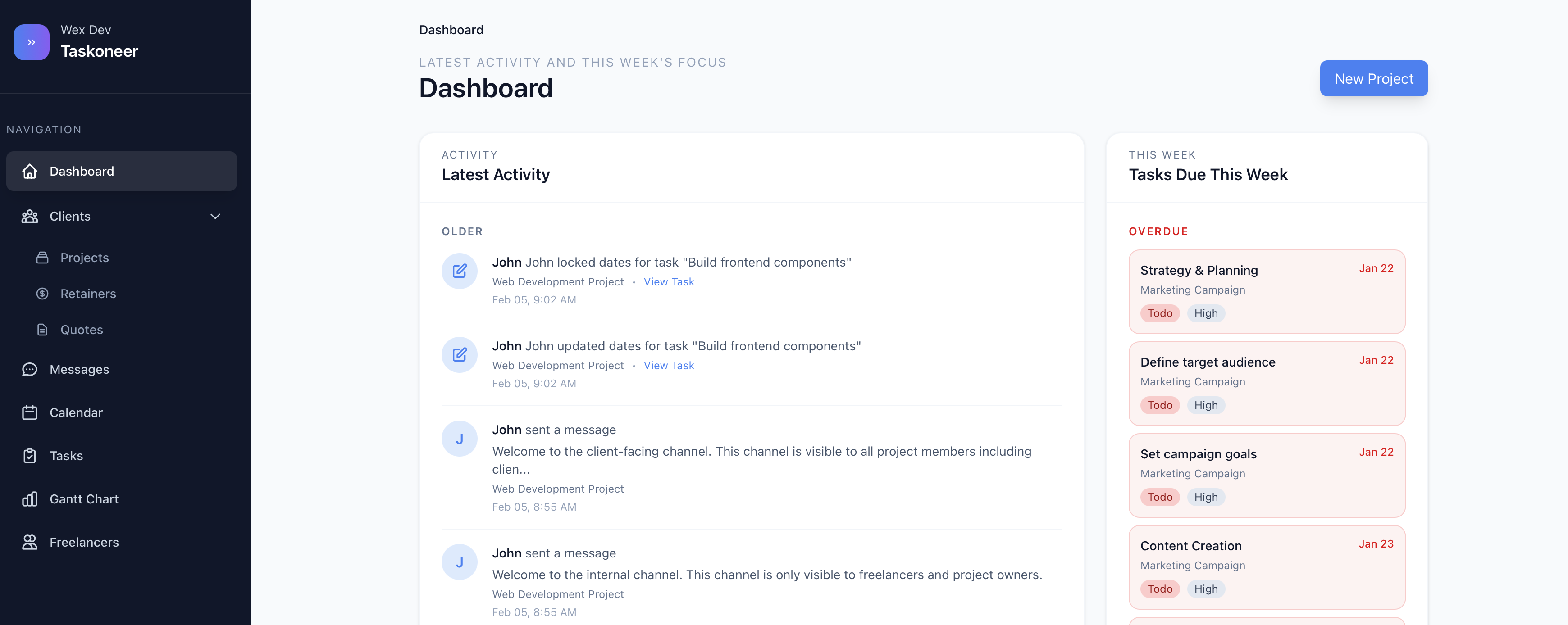 Taskoneer dashboard showing activity feed, tasks due this week, and upcoming meetings