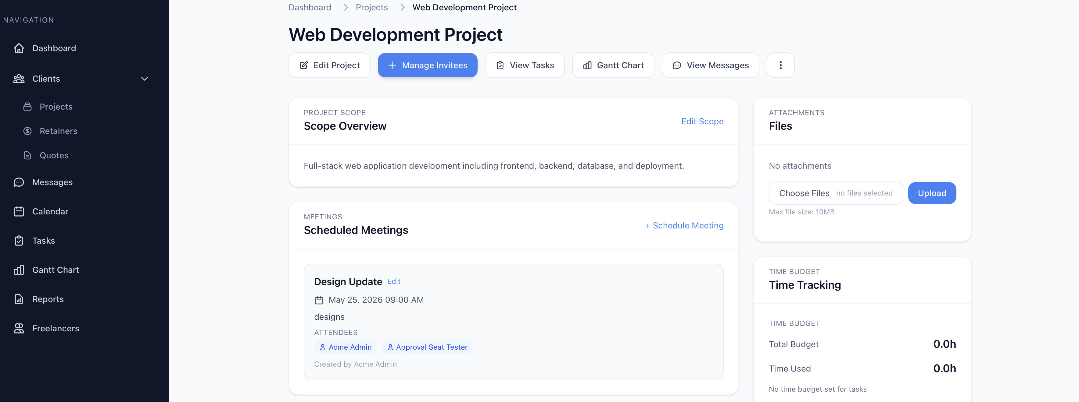 Taskoneer project page overview with status, team, and key details
