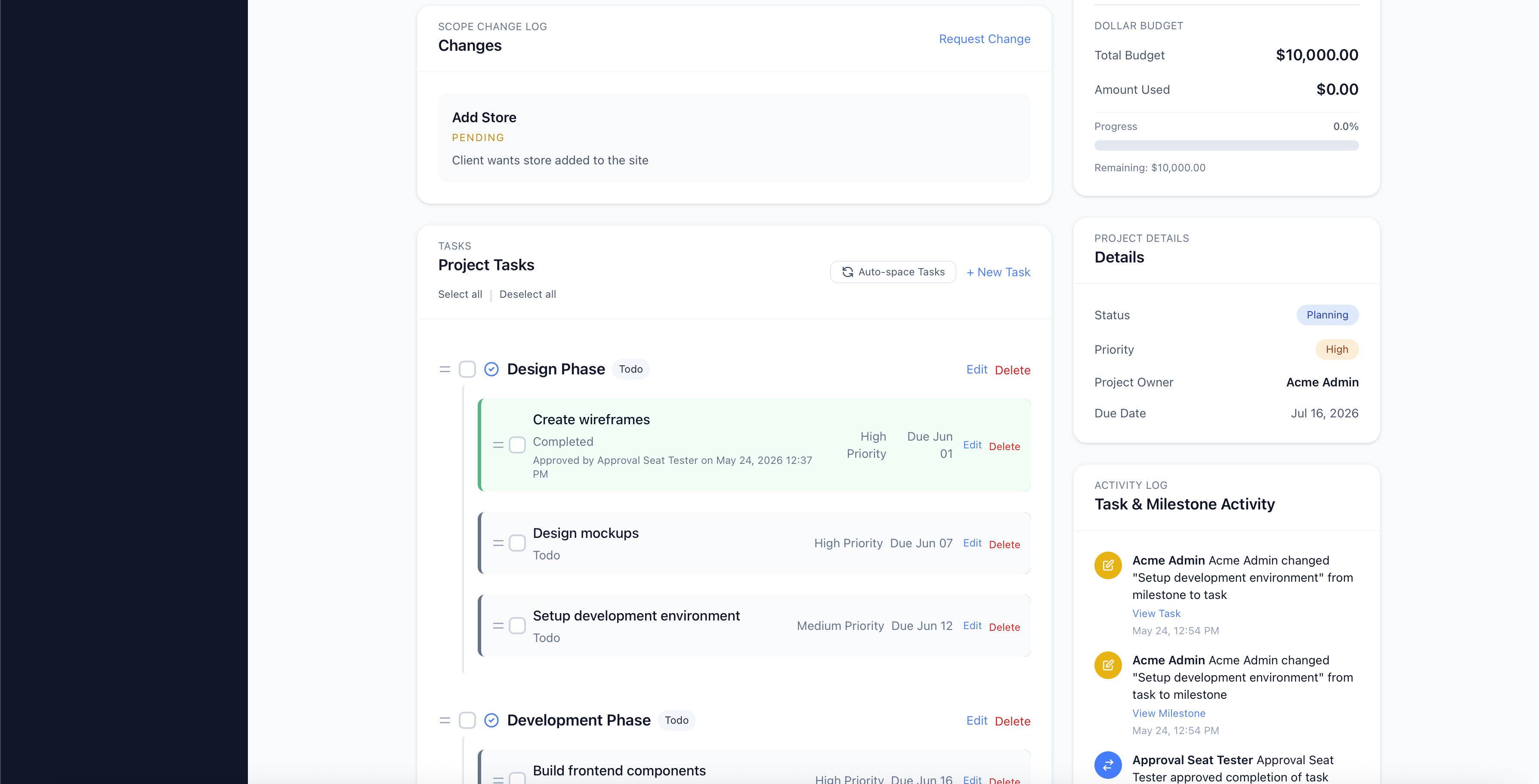 Taskoneer project page showing scope, milestones, and collaboration