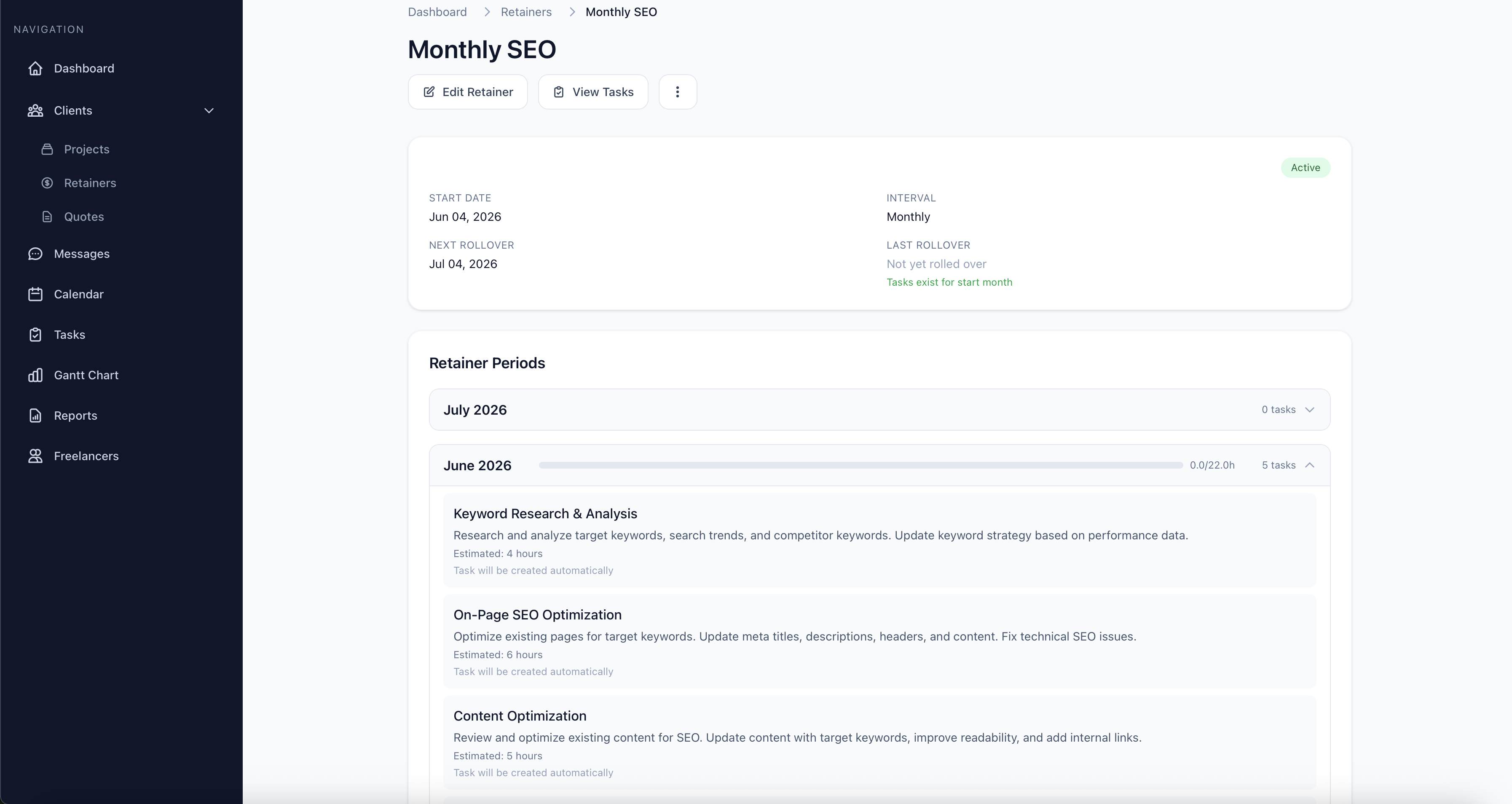 Taskoneer retainer page showing recurring agreement, hours, and monthly tasks