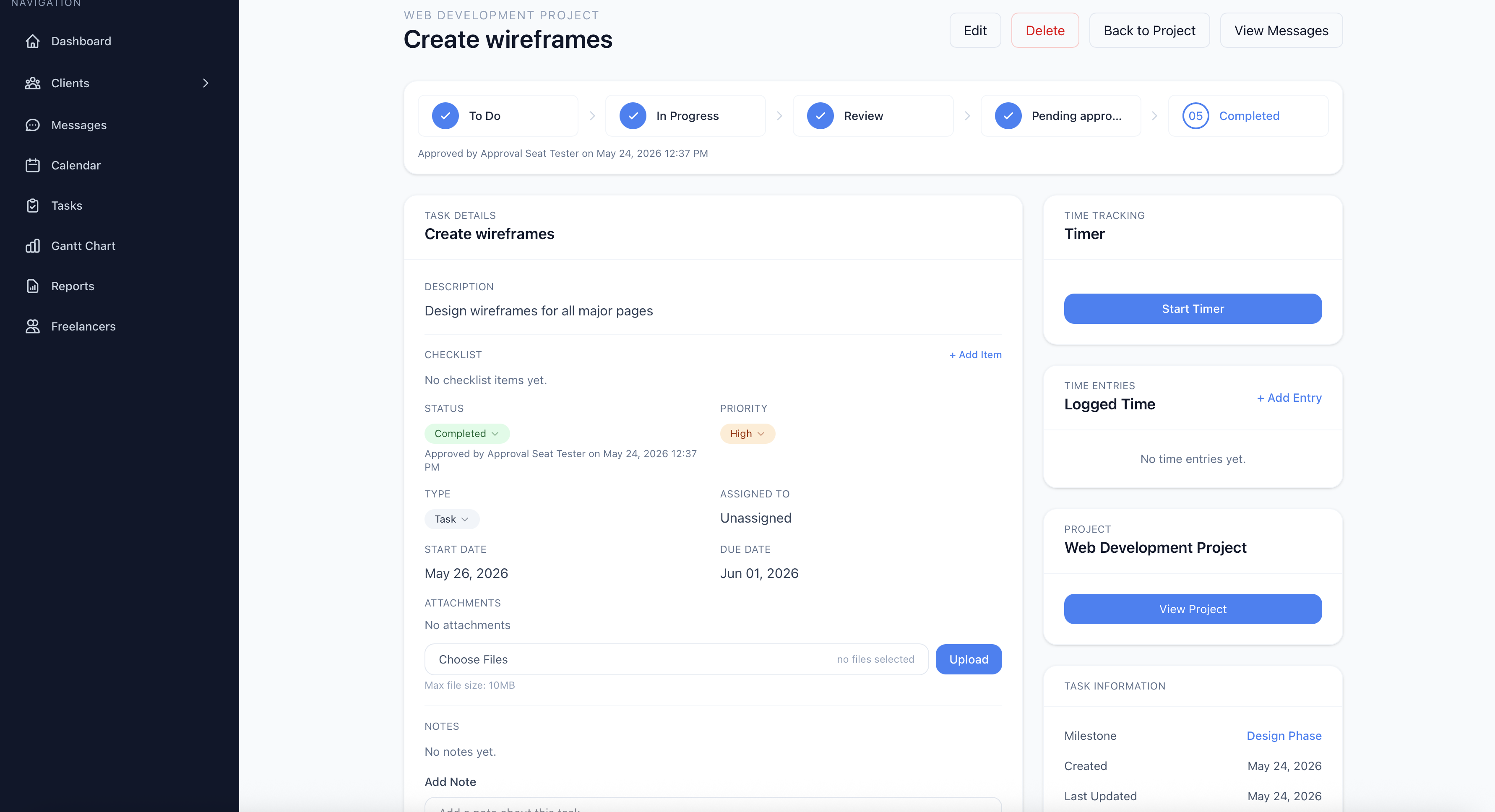 Taskoneer task page showing description, time tracking, and checklist